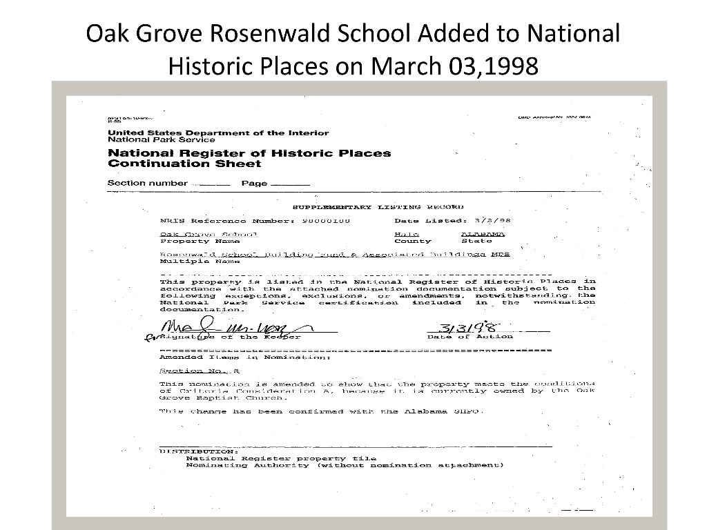 Oak Grove School added to The National Historic Society - 03/03/1998